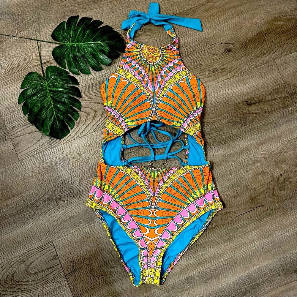 Trina Turk Swimsuit One Piece Cutout Front Halter Lac… - Gem